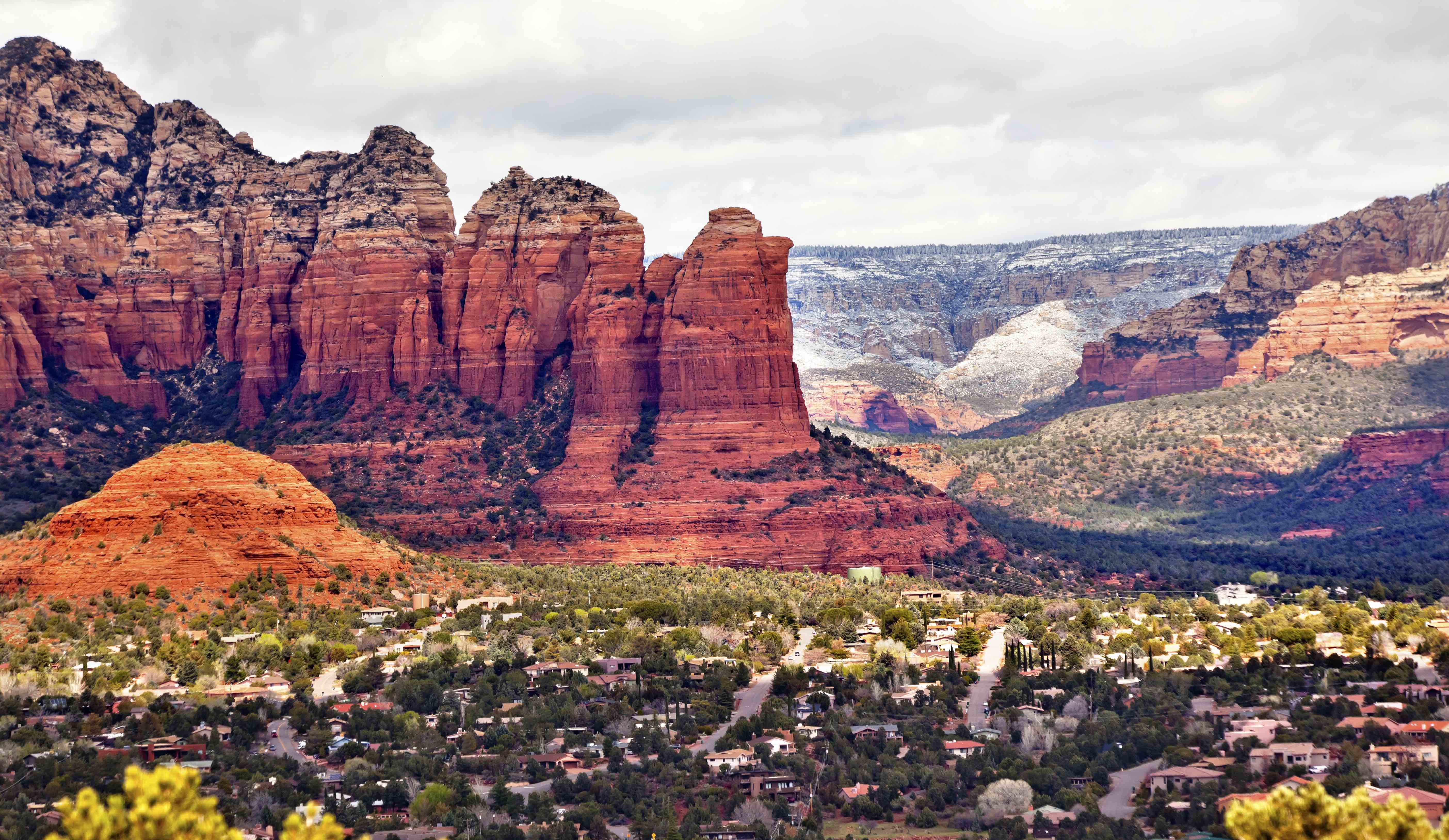 Coffee Pot Rock Sugarloaf Orange Red Rock Canyon Houses Cloudy Sky Green Trees Snow West Sedona Arizona