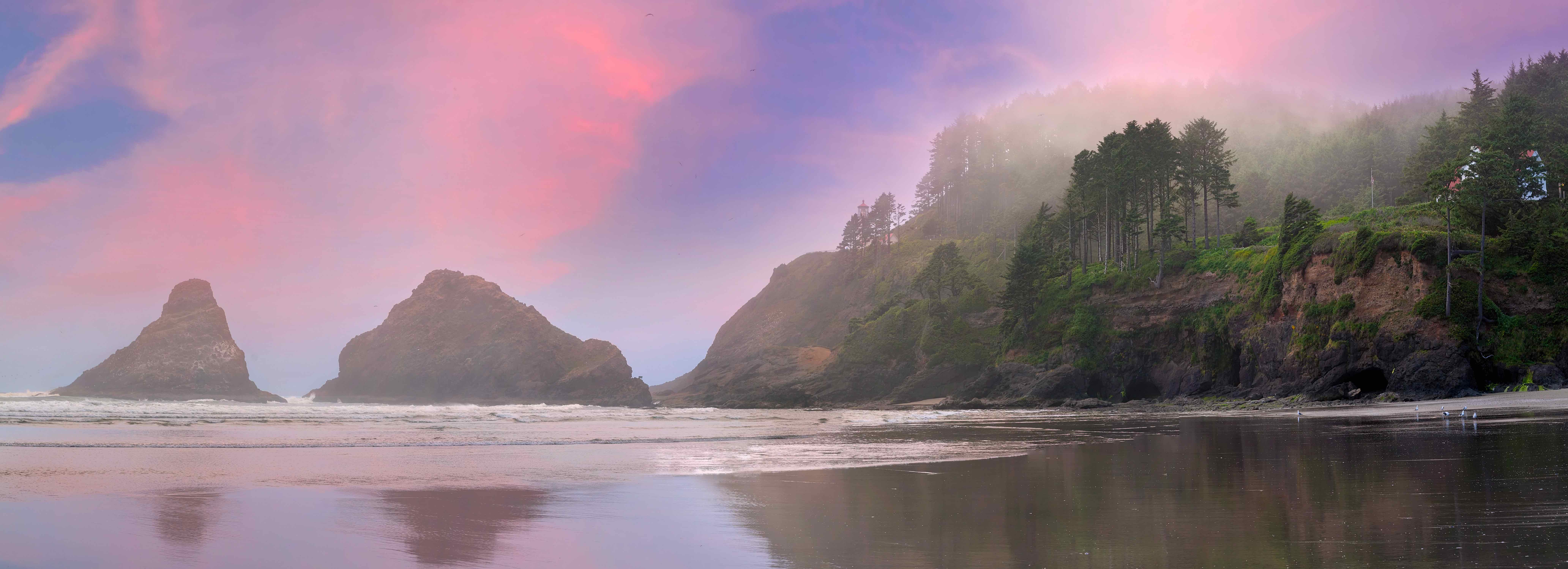 Heceta Head Lighthouse Devils Elbow State Park and Beach at Oregon Coast on a Foggy Sunset Day Panorama