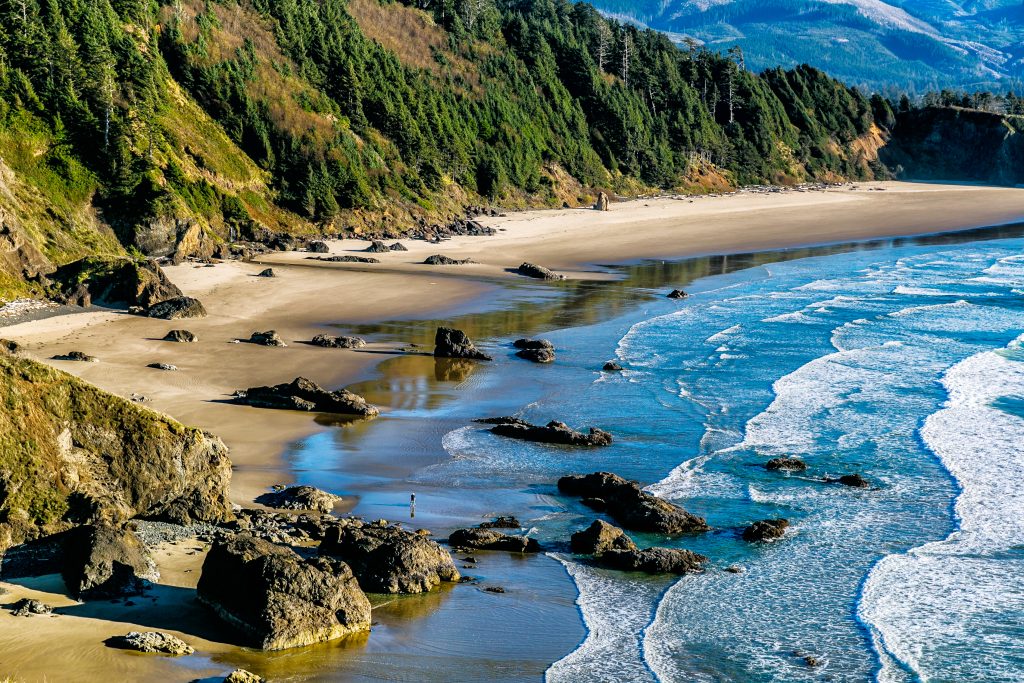Aerial view of the scenic Pacific Northwest coast, with ocean and miles of sandy beach