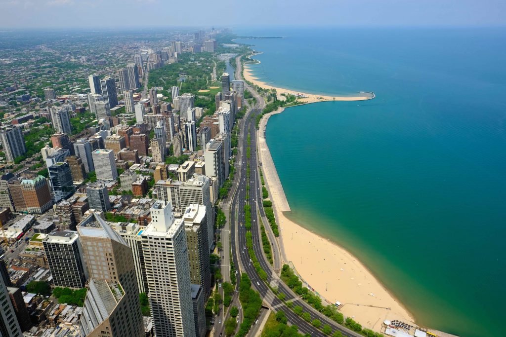 Chicago skyline aerial view. No brand names or copyright objects.