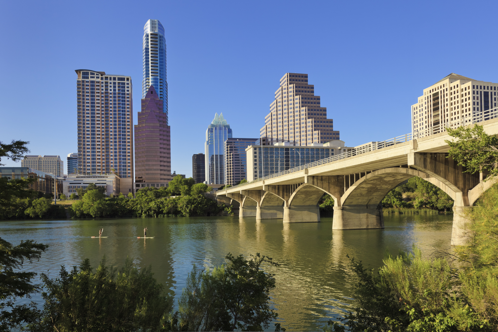 Austin Texas cityscape skyline, Congress Avenue Bridge, Standup Paddleboarding